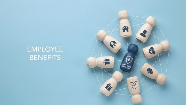 Employee benefits concept with wooden figures on a blue background