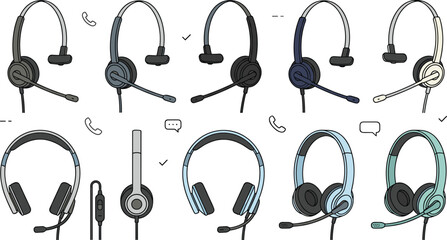Business Call Center Headset Collection with Customer Support Headphones, Office Communication Earsets, Boom Microphones, and Professional Audio Vector Illustration Set © Nasima