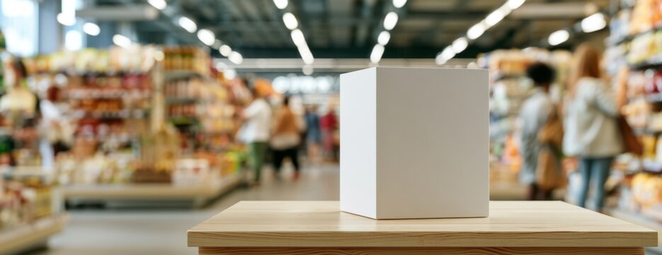 Empty white packaging box mockup on wooden table in grocery store background  