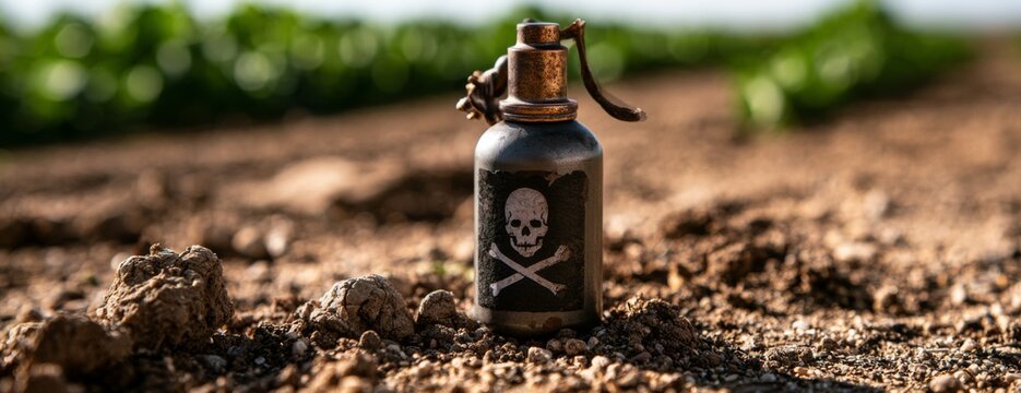 Pest control spray bottle with skull label on soil background  