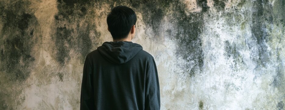 Young man standing in front of a moldy wall looking contemplative  