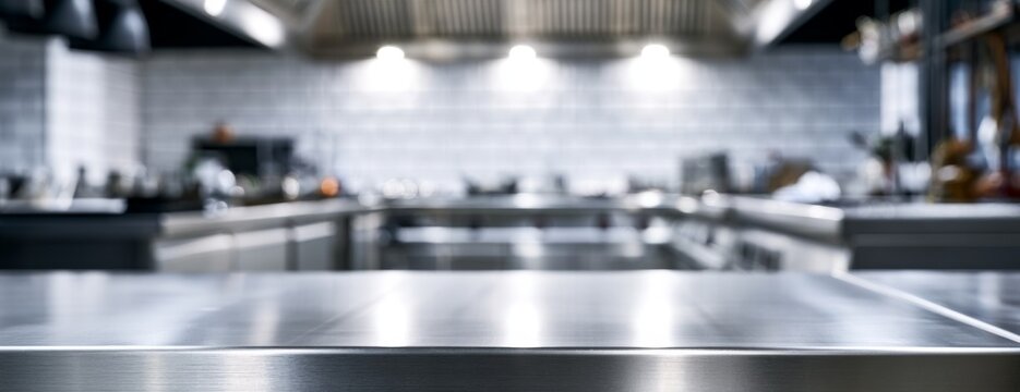 Professional kitchen interior with stainless steel workspace and equipment  