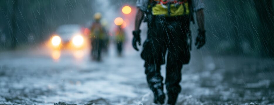 Rescuers walking through flooded street during heavy rain at night  