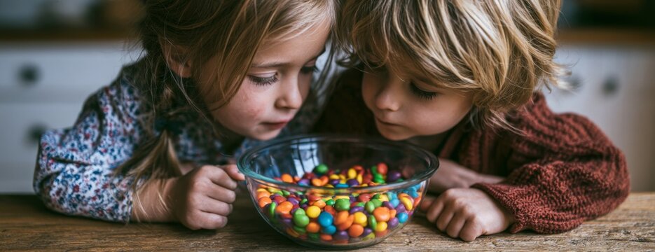 Two children looking at colorful bowl of candies on wooden table at home 