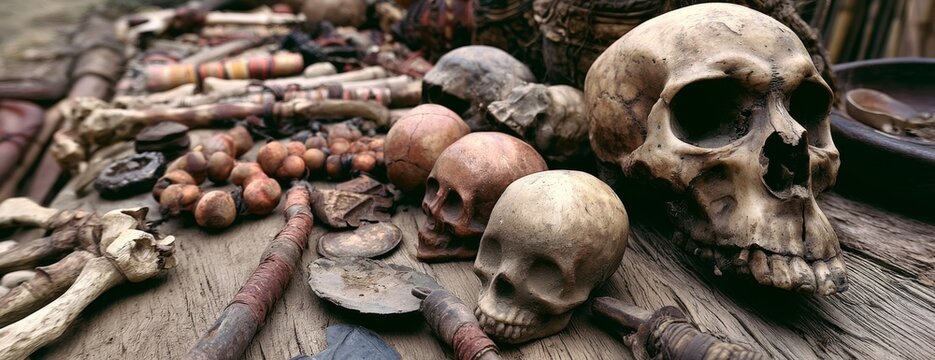 Ancient skulls and bones arranged on wooden surface with artifacts  