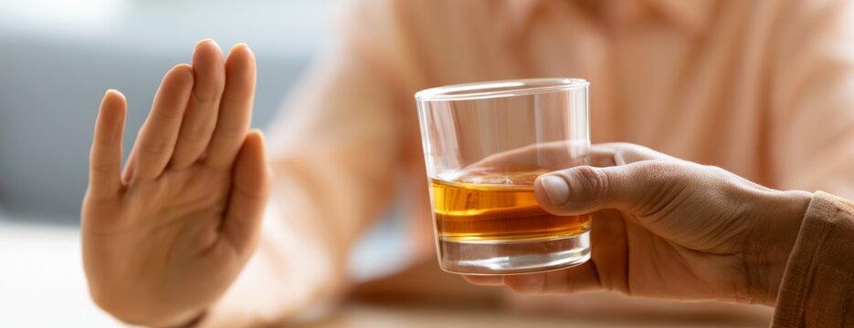 Person declining offered glass of alcohol for healthy lifestyle concept  
