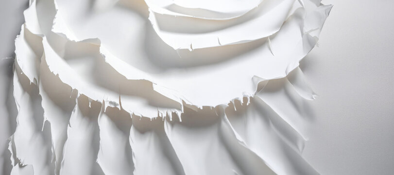 White torn paper edge texture layer on surface. Abstract background template for design concept. Plaster wave pattern macro detail. Copyspace area for text layouts. Material structure element graphics