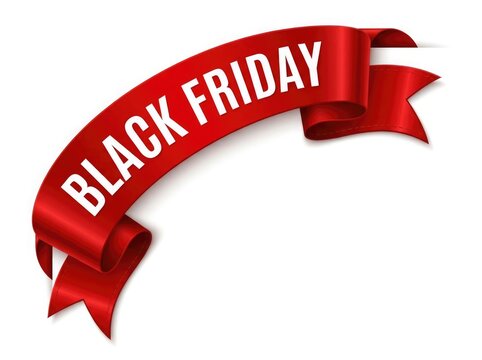 Red ribbon banner with black friday text isolated on white background