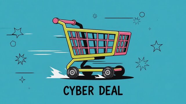 Animated retro shopping cart speeding with Cyber Deal text