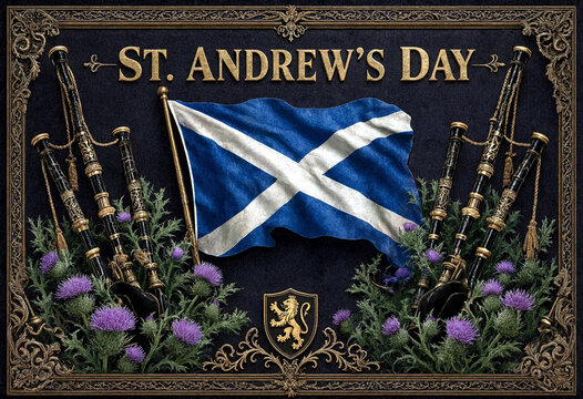 Traditional scottish celebration with bagpipes thistle flowers and flag for st andrews day festive design