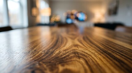Fototapeta premium Close-up of polished wooden table surface with natural grain texture. High-resolution detail of warm brown hardwood for interior design and furnitu...