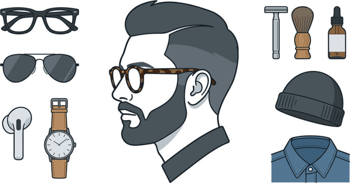 Men grooming and hipster fashion vector set featuring bearded man profile glasses watch safety razor and barbershop icons