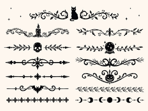 Vintage Halloween vector border set featuring gothic decorative dividers with black cat, skull, crystal ball, bat, moon and ornamental branches. Hand drawn monochrome elements for seasonal design