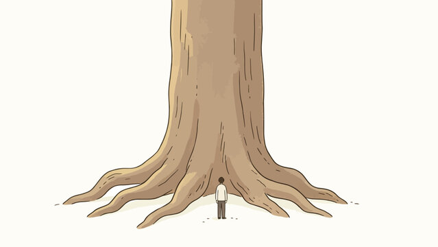 A solitary figure stands before a massive ancient tree trunk with sprawling roots, symbolizing humility and