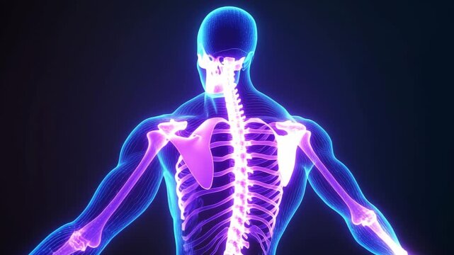 The video showcases human anatomy by highlighting skeletal and muscular structures through animated graphics and detailed visuals