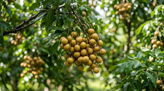Fresh longan fruits hanging on tree branch. Ripe tropical dragon eye berries in orchard.