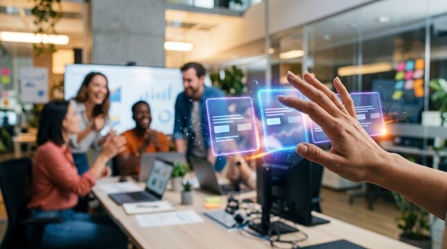 Modern business team collaborating using futuristic holographic technology