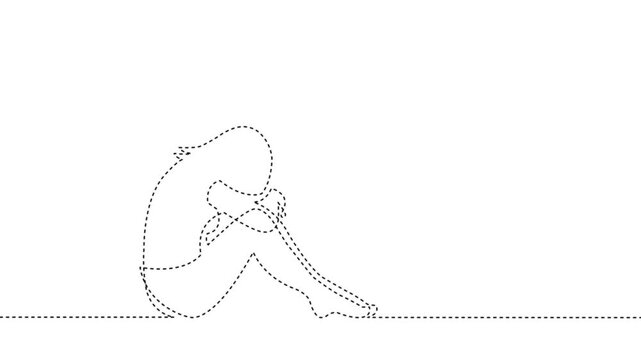 Continuous Line Art Animation of Sad Depressed Woman Sitting Alone with Knees Hugged