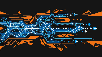 Abstract Geometric Network Illustration with Glowing Blue Polygonal Mesh and Orange Accents on Black Background, Digital Data Flow Concept, Vector Art © Moh