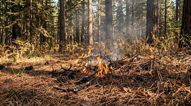Kleiner Bodenbrand im trockenen Wald als Beginn eines Waldbrandes