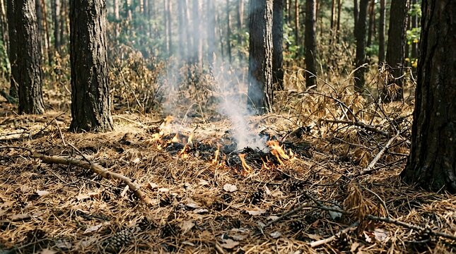Kleiner Bodenbrand im trockenen Wald als Beginn eines Waldbrandes