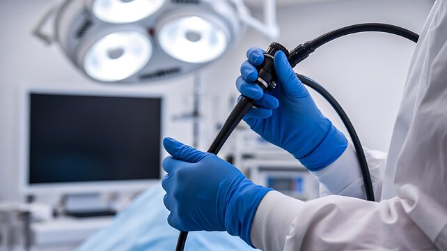Doctor holding endoscope in modern medical procedure room