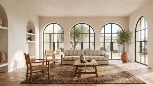 Elegant Mediterranean Interior with Arched Windows and Olive Trees