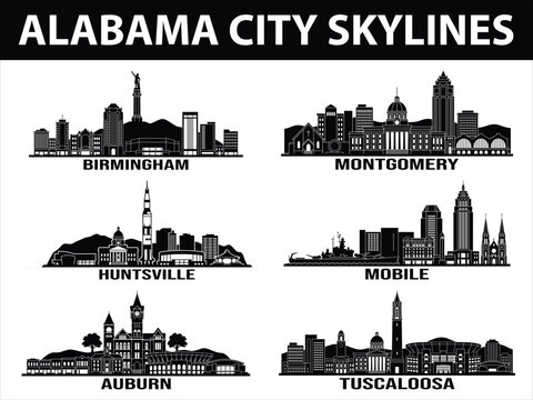 Black city skylines of Alabama in a set