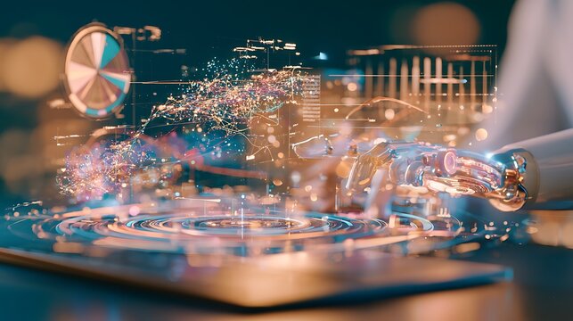 Optimization AI-powered investment portfolio optimization interface, holographic 3D pie charts and risk-return scatter plots floating above sleek dark desk, robotic hand gesturing at data, portfolio 