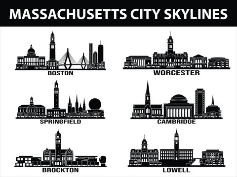 Black city skylines of Massachusetts towns