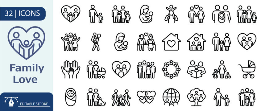 32 Family Love Line Icons Set Parenting, Care, Home, Relationship, Children, Community, Editable Stroke Vector Collection