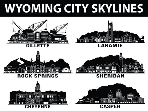 Black city skylines of Wyoming towns set