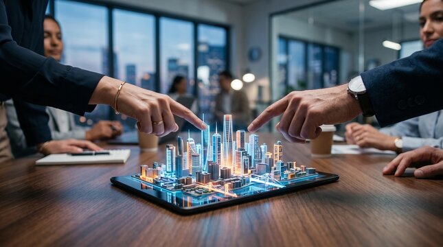 Corporate Executives Analyze Holographic Smart City Model In Meeting