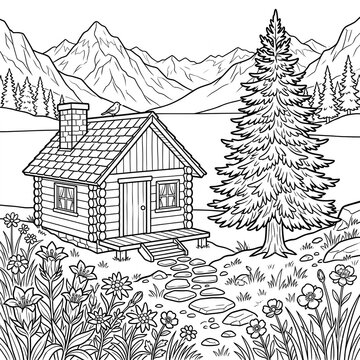 Rustic log cabin surrounded by mountain scenery and wildflowers coloring page black white line art with illustration cozy wooden lush mountain landscape