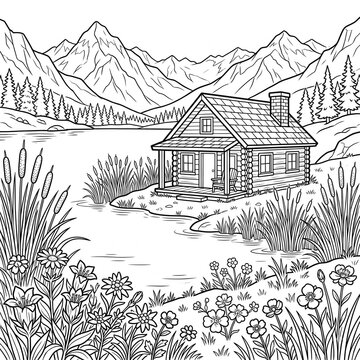 Serene log cabin retreat beside calm mountain pond with wildflower foreground line art illustration with pond surrounded wildflowers situated shore tranquil