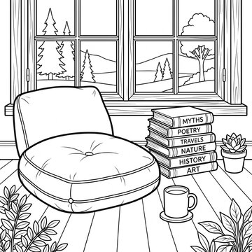 Cozy reading nook featuring floor cushion stacked books and potted plant near large window view with line art illustration stack books small