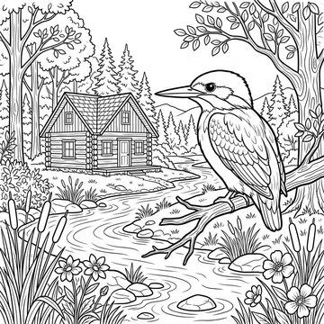 Black and white line art illustration featuring small kingfisher bird perched above winding forest creek with displays detailed coloring nestled forest landscape