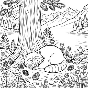 Cute raccoon sleeping under pine tree beside mountain lake coloring page for kids activity book