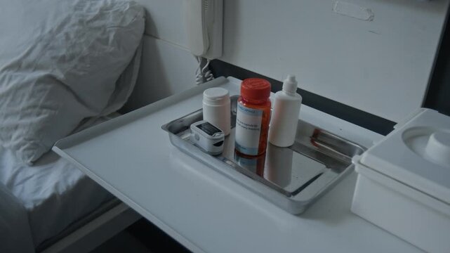 Medical supplies including prescription pill bottles and pulse oximeter resting on metal tray next to hospital bed. Footage for healthcare marketing or clinical documentaries