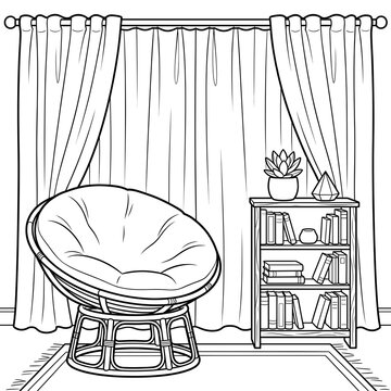 Cozy living room corner featuring round papasan chair beside wooden bookshelf with curtained window background with illustration cozy interior