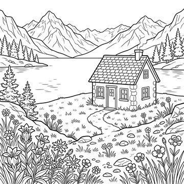 Cozy mountain cabin beside serene lake surrounded by wildflower meadow and majestic peak landscape illustration with illustration rustic cottage