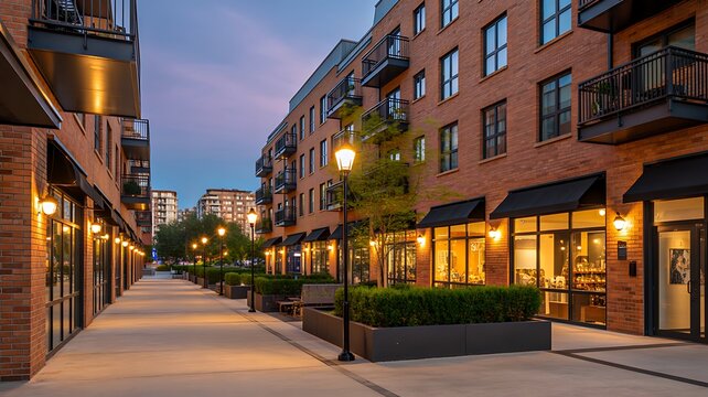Modern mixed use residential and commercial buildings in urban neighborhood