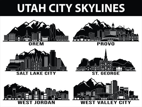 Black silhouette skylines of Utah cities in a set
