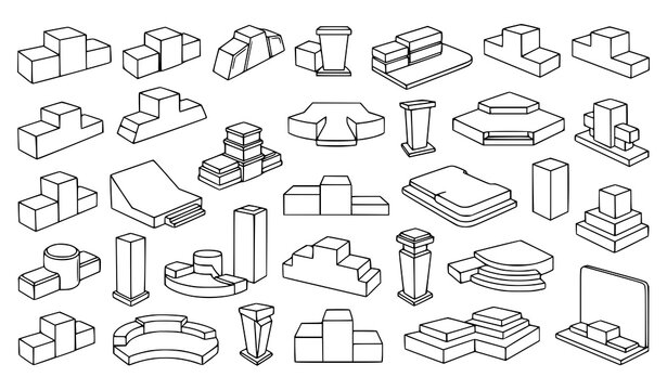 Isometric Podium and Stage Pedestal Line Icon Set with 3D Geometric Platforms, Presentation Stands, and Trophies for Award Ceremonies and Product Displays