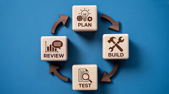 Agile project management lifecycle with plan, build, test and review process diagram