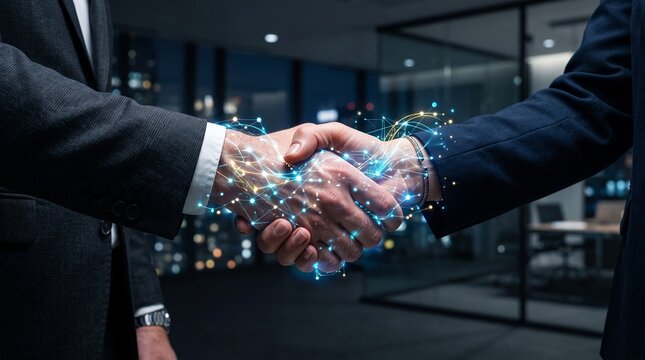 Businessmen shaking hands with digital network graphics in office