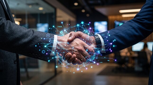 Digital Partnership Business leaders sealing a deal with innovative technology