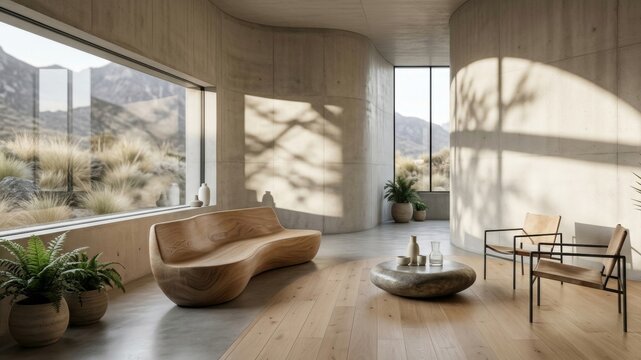 Ultra-Minimal Architectural Interior with Curved Concrete Walls and striking shadows