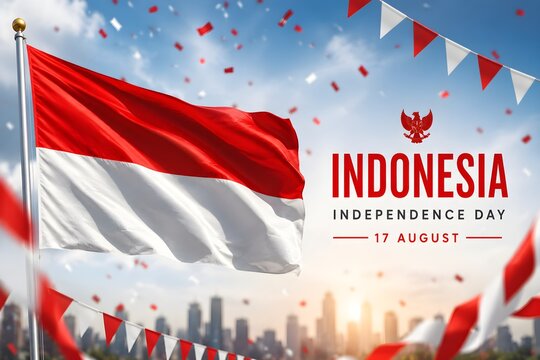 Indonesia Independence Day Celebration with Waving Red and White Flag, 17 August National Holiday Banner Against Blue Sky. 