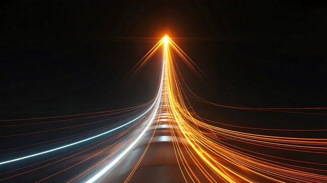 Glowing light trails forming upward arrow representing business growth and future success